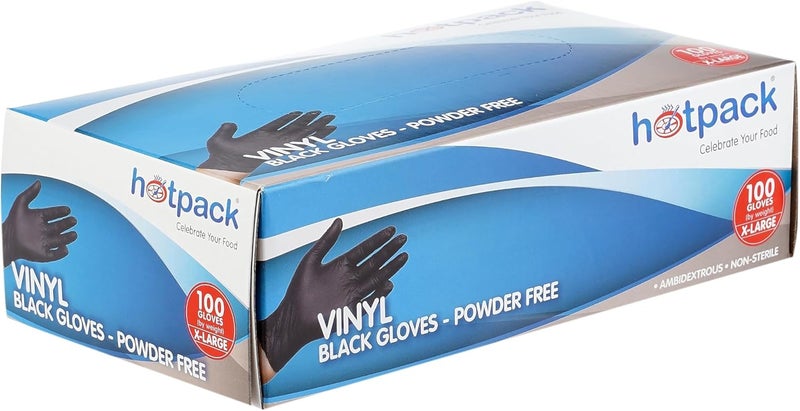 Hotpack Disposable Vinyl Gloves - Black, Powder Free, Non Sterile, Food Safe, 100 Pieces, Extra Large - Image 1